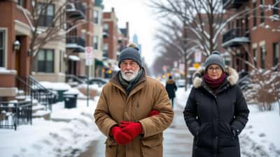 Hombre mayor caminando en una calle nevada de Chicago en pleno invierno extremo 2026