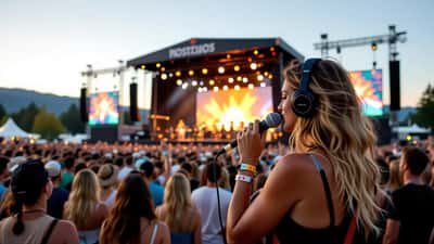 Festivalbesucherin mit Gehörschutz-Stöpseln beim FM4 Frequency Festival 2026 vor der Hauptbühne in St. Pölten