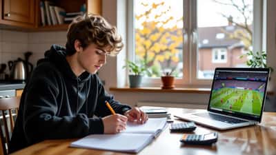 British teenager doing maths homework with probability calculations and football scores at a kitchen table