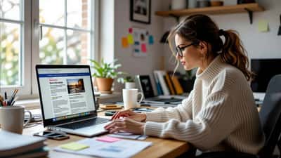 Woman at a home-office desk checking a news story on a laptop while her phone shows a phishing warning