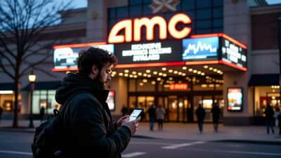 AMC movie theater entrance exterior at night with retail investor checking stock chart on smartphone