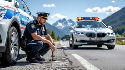 Policier de la Kantonspolizei Aargau effectuant un contrôle technique d'un véhicule sur le bord de la route en Suisse