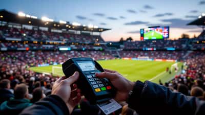 Terminal de paiement dans un stade affichant le choix entre francs suisses et livres sterling