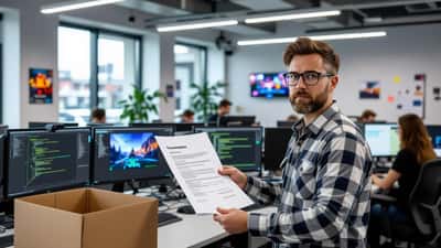 Software developer reading a termination letter in a gaming studio office