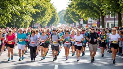 Wandelaars van de Nijmeegse Vierdaagse lopen over een zonnige weg, sommigen rusten en verzorgen hun voeten