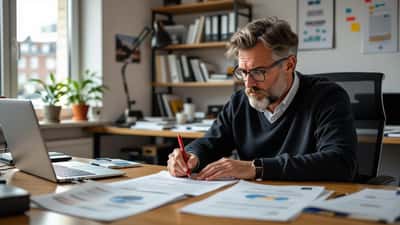 Geschäftsmann liest besorgt eine Lokalzeitung mit markiertem Kolumnen-Artikel, Rechtsunterlagen auf dem Schreibtisch in Hamburg
