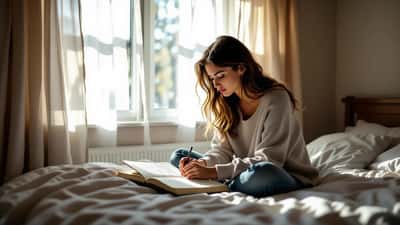 Joven mujer sentada en la cama mirando un diario abierto, reflexión íntima sobre salud mental