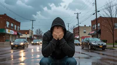 Homme se protégeant la tête des grêlons pendant un orage violent à Montréal