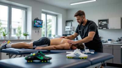Physiotherapist examining an amateur footballer's thigh in a sports clinic