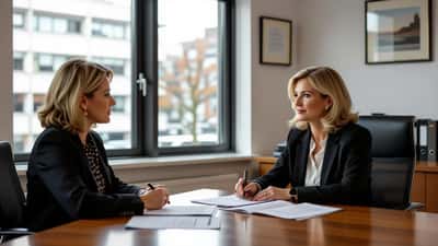 Employment solicitor and worker reviewing fixed-term contract documents in a London law firm meeting room