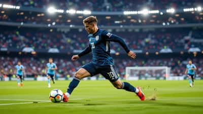 Norsk fotballspiller i mørkeblått treningstøy på en grønn fotballbane under stadionlys