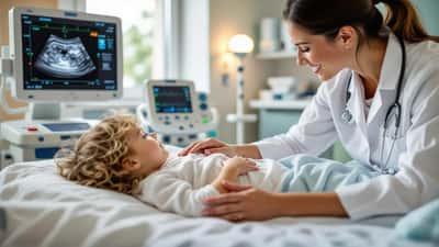 Kinderärztin führt bei einem Kleinkind eine Ultraschalluntersuchung des Bauchs durch