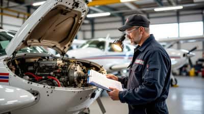Aircraft maintenance engineer inspecting the exposed engine of a small single-engine plane in a Quebec hangar