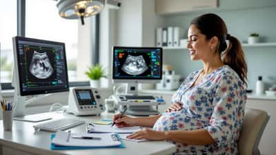 Grávida em consulta obstétrica com médico analisando ultrassom em clínica de São Paulo