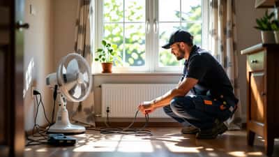 Elektronica-expert controleert een staande ventilator in een Nederlandse woning tijdens de hittegolf van 2026
