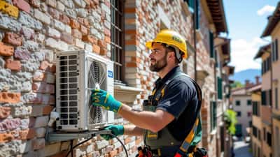 Artigiano installa un condizionatore su una facciata di palazzo storico a Firenze durante l'ondata di calore del 2026