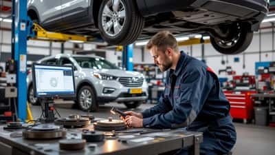 Automonteur inspecteert remschijven onder een opgetilde SUV in een Amsterdamse autogarage
