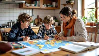 Mère suisse aidant son fils à localiser le Cap-Vert sur une carte du monde pendant la Coupe du Monde 2026