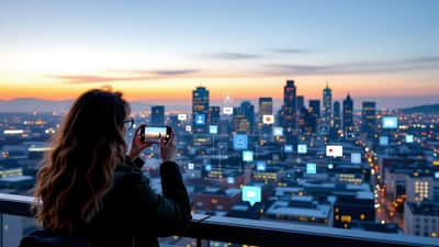 Créateur de contenu filmant avec un smartphone sur fond de skyline suisse et écrans digitaux