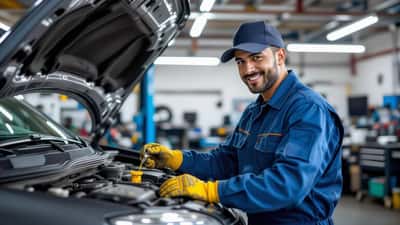 Mecánico inspeccionando el nivel de aceite del motor en un taller de reparación