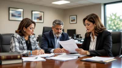Abogada consultando a una familia hispana sobre sus derechos legales tras un tiroteo en el hogar en Virginia