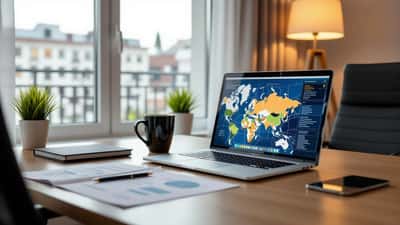 Professional consultation desk with laptop showing Ukraine map and legal documents