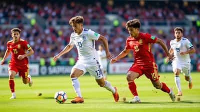 Deutscher U19-Spieler im Zweikampf mit spanischem Gegenspieler während eines Freundschaftsspiels 2026