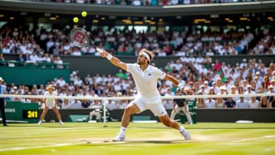 British tennis player mid-serve on Wimbledon grass court under bright summer afternoon sun