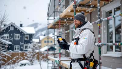 Håndverker på stillas med mobiltelefon som viser solskinn mens det snør – yr.no prognose og kontrakt
