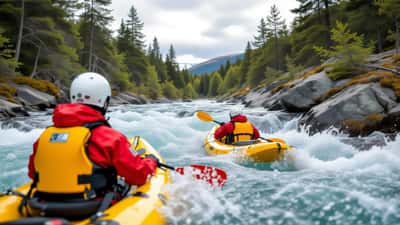 Person på elvebrett navigerer hvitvannsstrykene i Sjoa-elven i Gudbrandsdalen, med guide i rød våtdrakt
