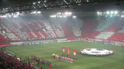 NEC Nijmegen supporters in het Karaiskakis Stadion Piraeus voor de UEFA Champions League-kwalificatie