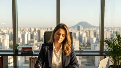 Advogada brasileira analisando documentos jurídicos sobre desaparecimento em escritório moderno em São Paulo