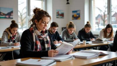 Aikuiset maahanmuuttajat oppimassa suomen kieltä koulutustunnilla