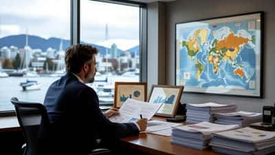 Avocat maritime examinant des cartes nautiques du Pacifique dans un bureau de Vancouver, avec des échantillons de nodules polymétalliques en arrière-plan