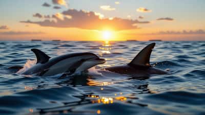Dolphin and shark fins in Australian coastal waters at sunrise