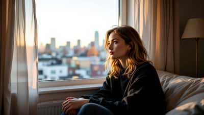 Woman sitting alone at home looking thoughtful, representing mental health support after pregnancy loss
