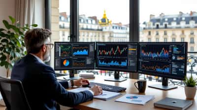 Conseiller en gestion de patrimoine analysant des graphiques financiers influencés par l'IA dans un bureau parisien