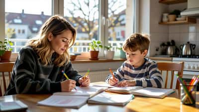 Mutter und unruhiger Junge am Küchentisch mit Schulheft und Fragebogen