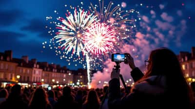 Femme photographiant les feux d'artifice du 14 juillet avec un smartphone sur trépied dans la foule