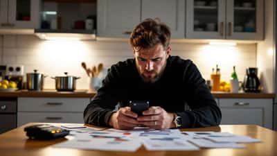 Bekymret dansk mand sidder foran smartphone med rød betting-app i et mørkt køkken