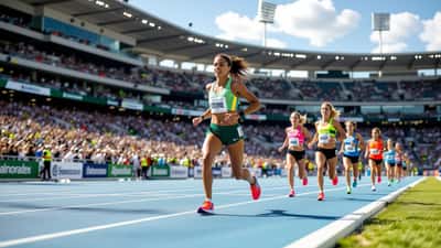 Female runners competing in the women's mile at an athletics stadium during the Commonwealth Games