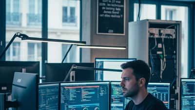 Expert en cybersécurité devant des écrans de monitoring réseau, illustrant les enjeux du jeu 007 First Light sorti le 27 mai 2026