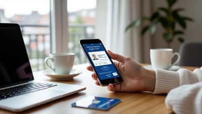 Mains tenant un smartphone affichant une carte d'identité numérique dans un bureau