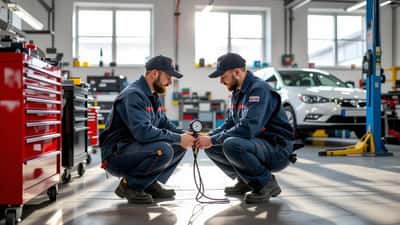 Automaestro tarkistaa rengaspaineen hopeisesta autosta helsinkiläisessä autokorjaamossa kesäpäivänä