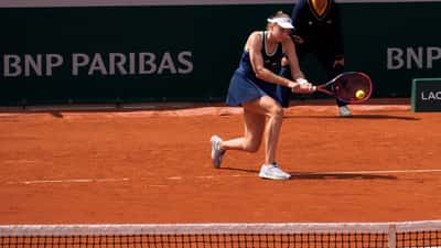 Elena Rybakina playing tennis at the 2025 Roland Garros tournament
