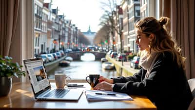 Vrouw vergelijkt een nieuwsartikel op laptop met een socialmedia-feed op haar telefoon aan een keukentafel in Amsterdam