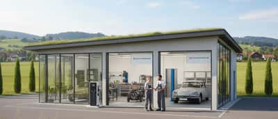 Kfz-Mechaniker inspiziert ein Fahrzeug auf einer Hebebühne in einer modernen deutschen Autowerkstatt