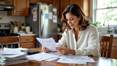 Mujer hispana revisando documentos de seguro médico ACA en la mesa de cocina ante el riesgo de shutdown federal