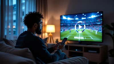 Téléviseur connecté affichant un symbole de chargement dans un salon français la nuit, pendant la diffusion du match Argentine-Cap-Vert au CM2026