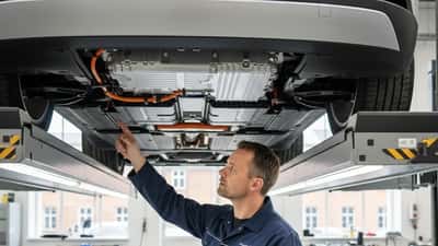 Dansk elektriker-mekaniker inspicerer batteri i elektrisk SUV i certificeret værksted i Aarhus